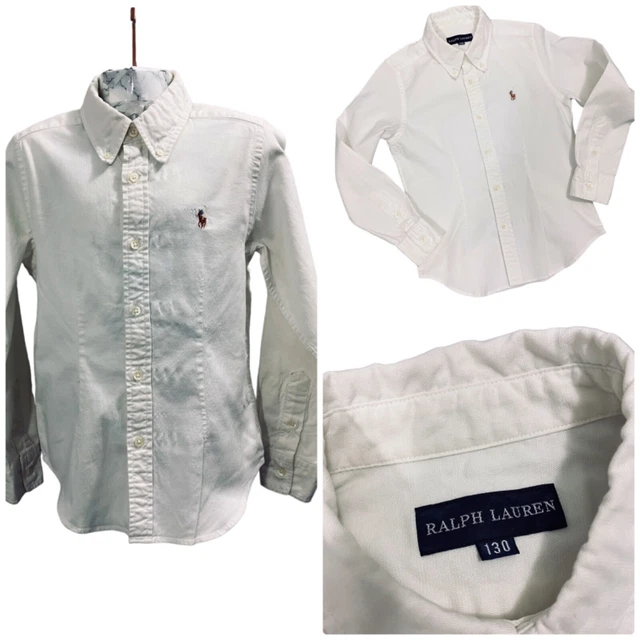 Girls Ralph Lauren Shirt Age 7-8 White Cotton Button Up Long Sleeve Logo