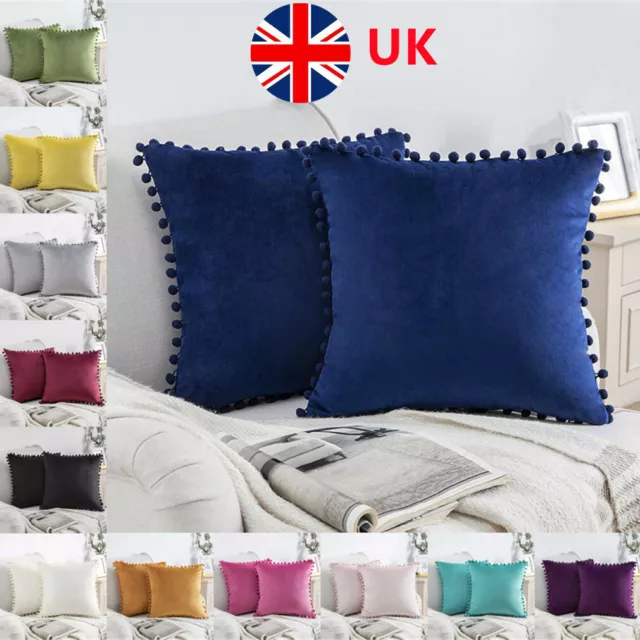 UK 16" 18" 20" 22" 24" 26" Pom Poms Velvet Cushion Cover Pillow Case Home Decor