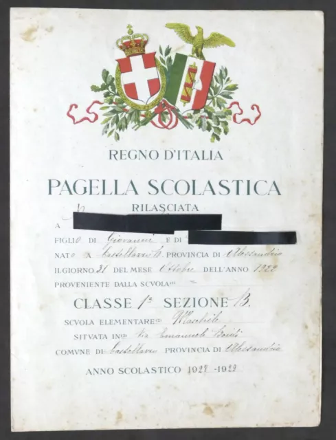 Scuola Elementare di Castellazzo Bormida - Pagella anno scolastico 1928 - 1929