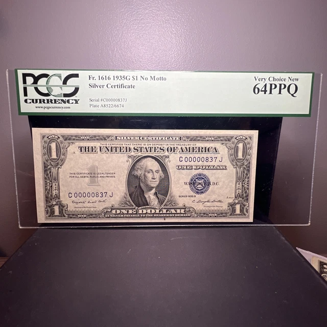 RARELow 3-Digit Fncy 1935G $1 NOMOTTO ERROR Silver Certificate  64PPQ Unc Dollar