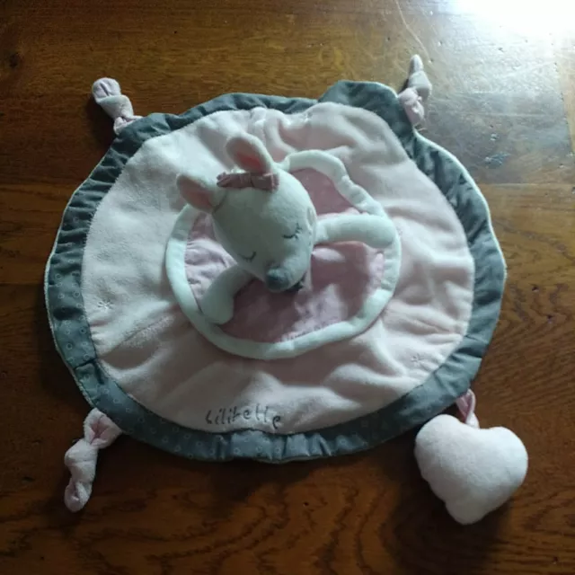 Doudou plat Souris Lilibelle cœur "little amour" rose gris SAUTHON ÉTAT NEUF