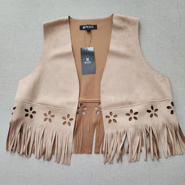 Relish Noless Fringe Microsuede Lazer Cut Beige Women's Vest L Western Rodeo NEW