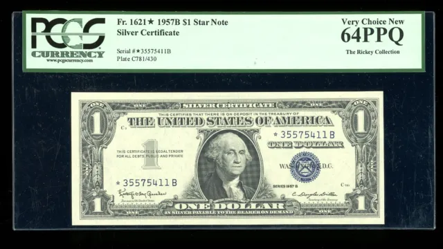DBR $1 1957-B Silver STAR *B Block Fr. 1621* PCGS 64 PPQ Serial *35575411B