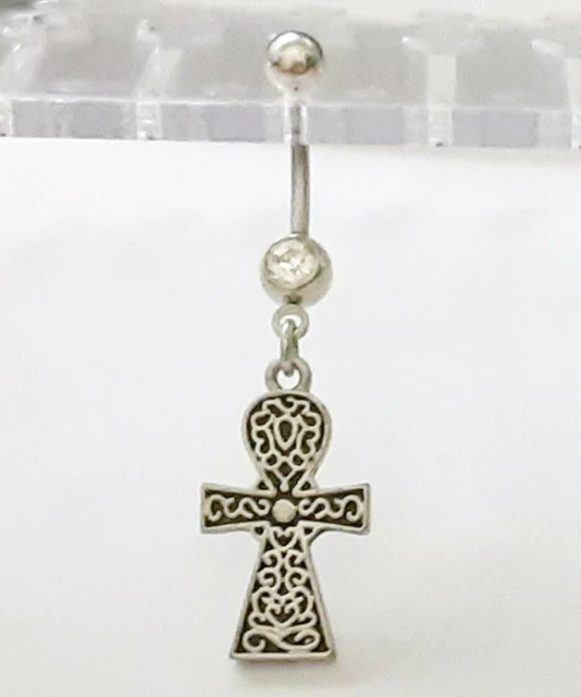 Belly Ring Cross Celtic w/Clear Gem Dangle Naval Steel Body Jewelry