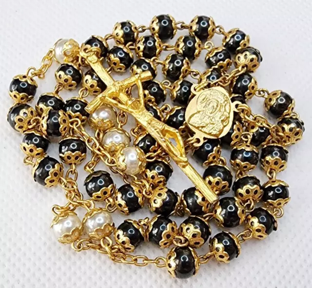Vintage Catholic Rosary Gold Tone Glass Beads John Paul II Pastoral Crucifix