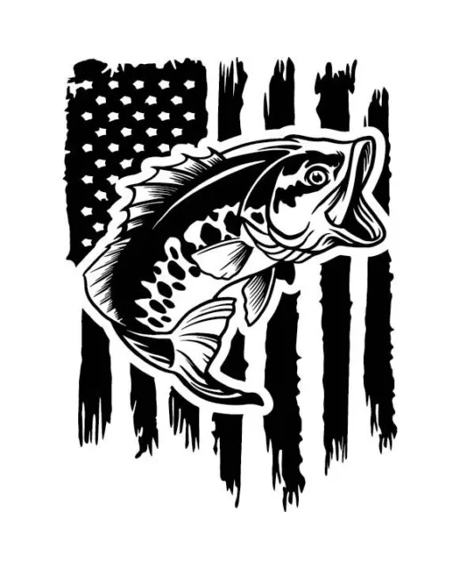 American Flag Bass Fishing, Vinyl Decal Sticker, Indoor Outdoor, 3 Sizes,  #8076