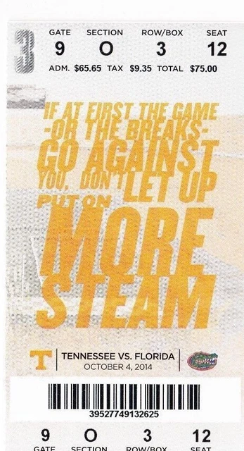 2014 Tennessee Volunteers Vs Florida Gators Ticket Stub 10/4/14 College Football