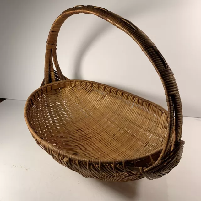 Vintage Oval Handled Gathering Storage Basket~Hand Woven~Boho~14”x9”x10” High