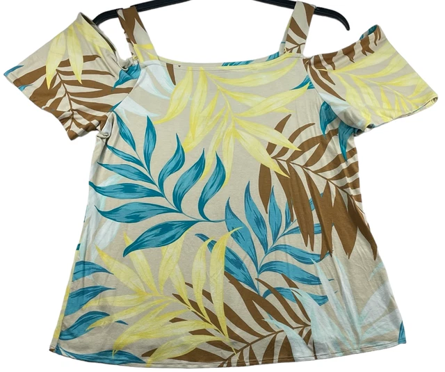 JM Collection Blouse Womens size Small Beige Cold Shoulder Tropical Stretch New