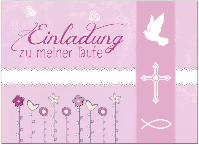 8 Einladungskarten Taufe im Set Karte DIN A6 mit Umschlag rosa Taube Mädchen