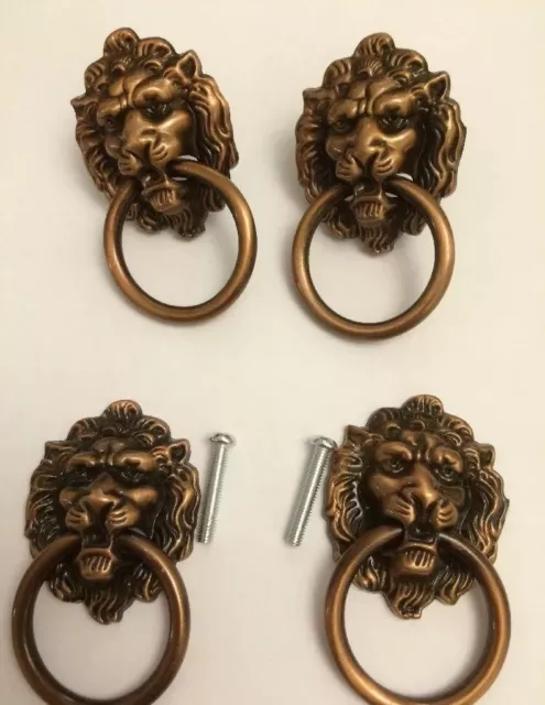 4 Drawer Handles,vintage metal Copper Lion ring pull,chest Drawer Lion Knob