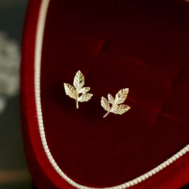 14K Gold Plated Solid 925 Sterling Silver Maple Leaf Stud Earrings Gift