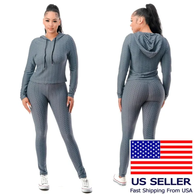 Ladies Gym Outfit Elastic T-shirt Leggings Hoodie Fitness Workout Set FG904