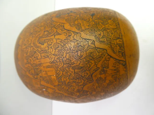Vintage Carved Peruvian Inscribed Gourd Decorative South American Tribal Art