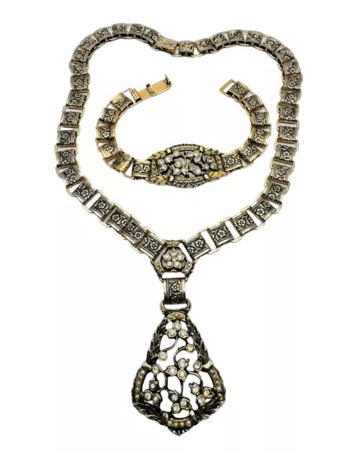 Vintage Book Chain Necklace Rhinestone Pearl Pendant Bracelet Set