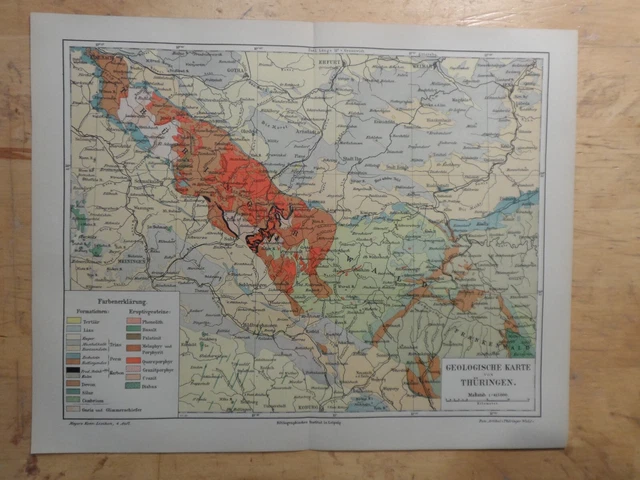 ORIG.(1890) LITHOGRAPHIE LANDKARTE Geologische Karte von Thüringen EUR