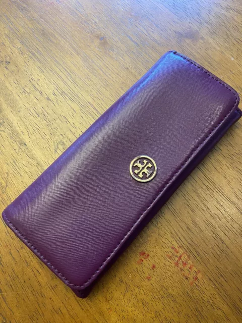 TORY BURCH SOLID Purple Saffiano Leather Enveloe Large Wallet Long ...