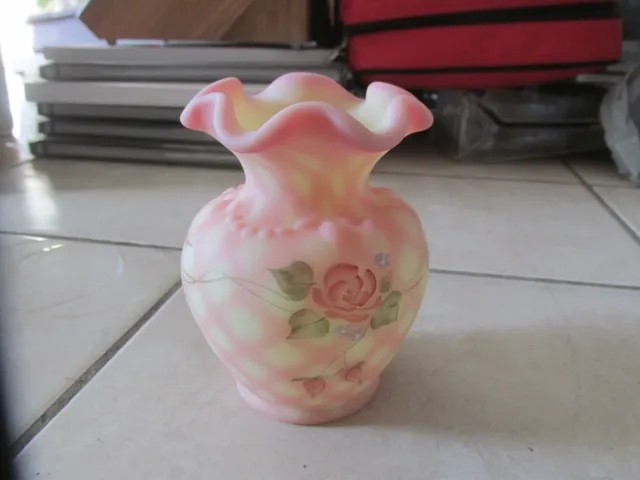 Fenton Burmese Diamond Optic Pink 4 Inch Vase Hand Painted & Signed Bill Fenton