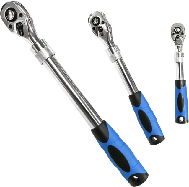 3PCS Extendable Ratchet Set,1/4" 3/8" 1/2-Inch Drive Socket Wrench 72-Tooth Quic