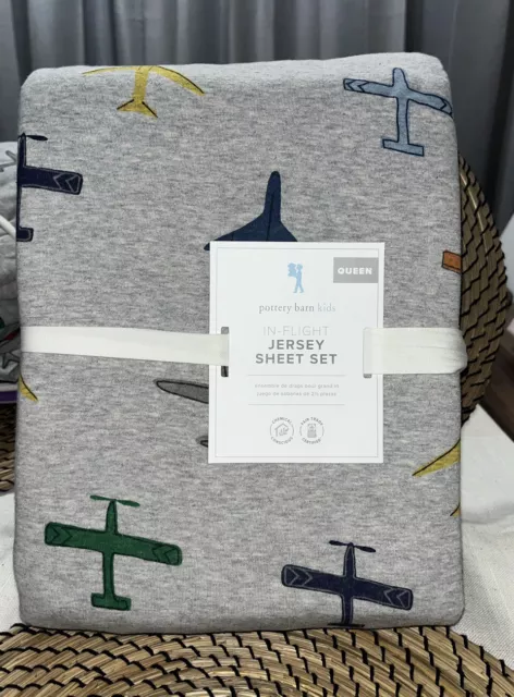 Pottery barn kids In Flight Jersey Sheet Set Queen Air Plane Grey Blue Soft