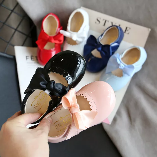 Baby Girls Spanish Bow Shoes Mary Jane Shiny Wedding Party Patent Flat Shoes