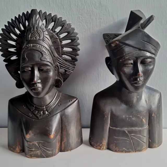 Vintage Mid-Century Handcarved Ebony Wooden Balinese Busts Tribal Man & Woman