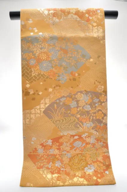 Vintage Japanese Kimono Fukuro Obi Silk Classic Lucky Pattern Gold  #JPS0001