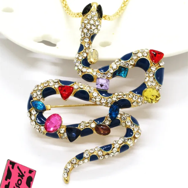 Hot Betsey Johnson Blue Enamel Colorful Snake Crystal Pendant Chain Necklace