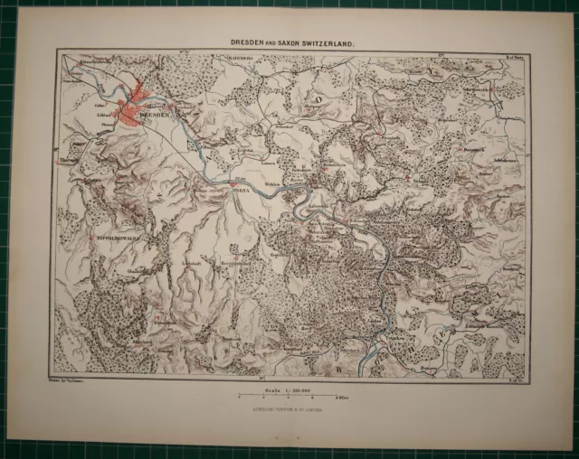 1878 Antique Map ~ Dresden Saxon Switzerland Pirna
