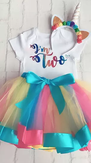 Luxury Girls 2nd Second I’m Two Birthday Outfit Tutu Skirt & Vest Set Rainbow UK