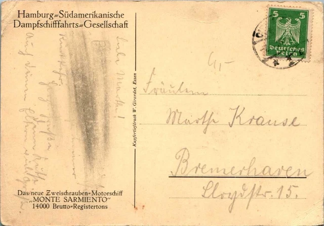 AK SCHIFF SCHIFFE Zweischrauben Motorschiff Monte Sarmiento Um 1930 EUR