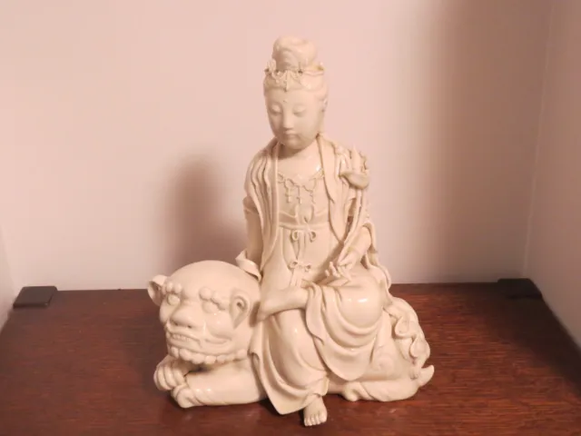 19Th C. Blanc De Chine Guan Yin On Lion, 10'5" Tall, Signed