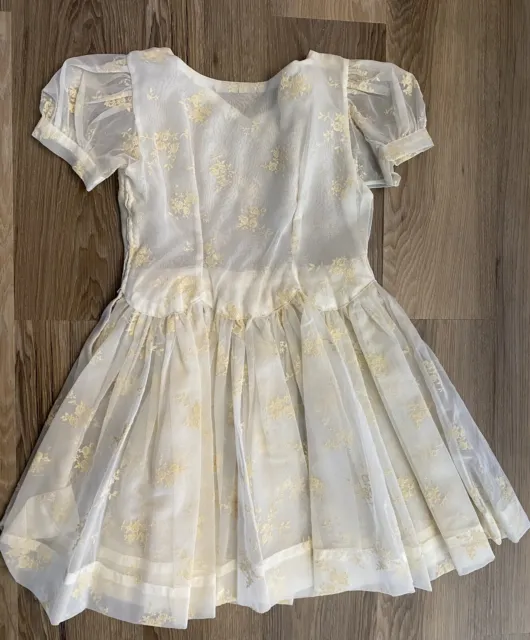 Vintage Girl’s Child Ivory Sheer Flocked Dress Side Zip (Measurements Pictured)