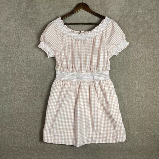 J. Crew Mini Dress Size Medium M Pink Gingham Smocked Puff Sleeve Cotton Poplin