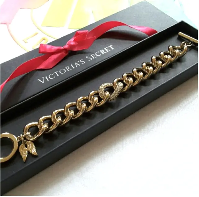 NWOT Victoria's Secret Bracelet 10k Gold Plated Signed Link Pave Crystal Center