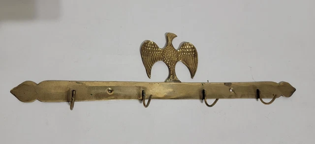 Vtg Brass Eagle Wall Mount Brass Hat Coat 4 Hook Hanger made in India patriotic