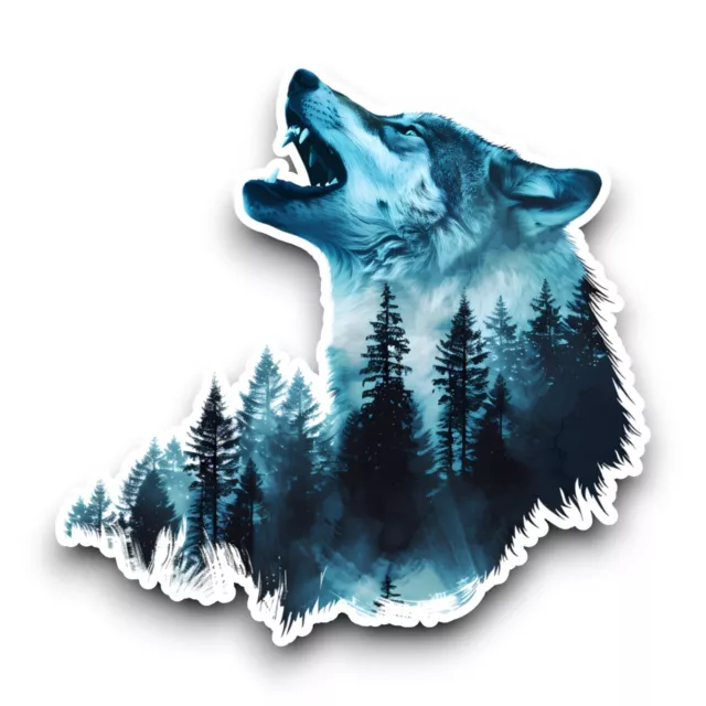 Blue Howling Wolf With Forest Double Exposure Watercolour Vinyl Sticker Decal