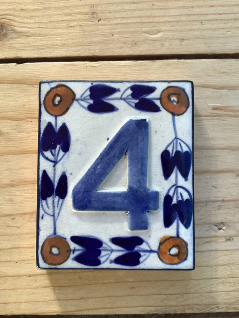 Vintage Small Blue Ceramic House Number Tile Plaque Number 4 Spanish Style