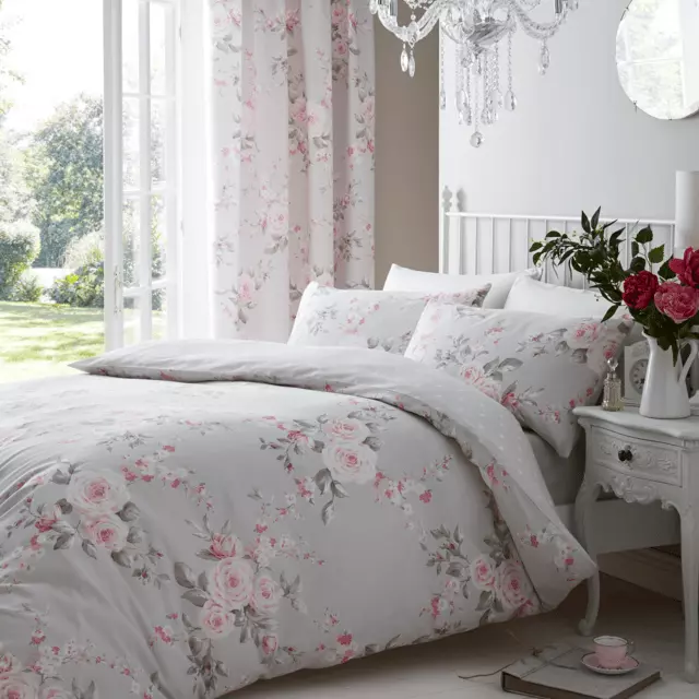 Grey Catherine Lansfield Canterbury Floral Bedding Curtains Matching Range