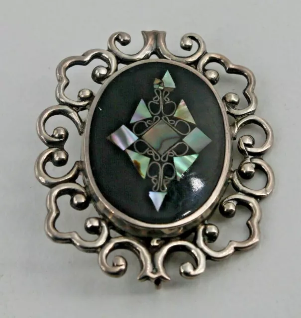 Sterling Pendant Brooch Onyx Abalone Shell Inlay Hecho EN Mexico Signed PGG