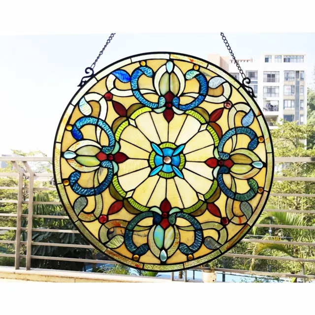 Stained Glass Window Panel Victorian Design 22" Round Tiffany Style Multi-color