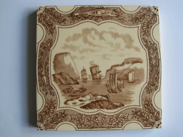 ANTIQUE VICTORIAN FISHING FLEET IN BAY TRANSFER PRINT TILE - No.165