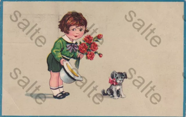 A53-26 Cartolina Illustrata Bambina Fiori Cane Viaggiata 1925