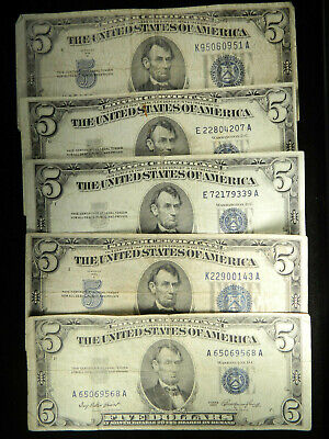 Lot of 5 $5 Blue Seal Dollar Silver Certificate Old Estate Money VG-AU 1953 1934