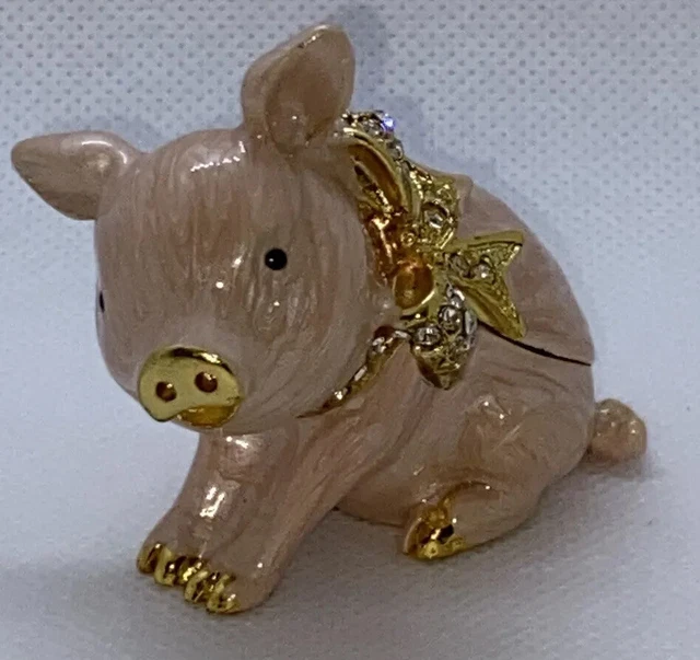 Beautiful Crystal Bejeweled Enamel Little Pig Hinged Trinket/Pill Jewelry Box