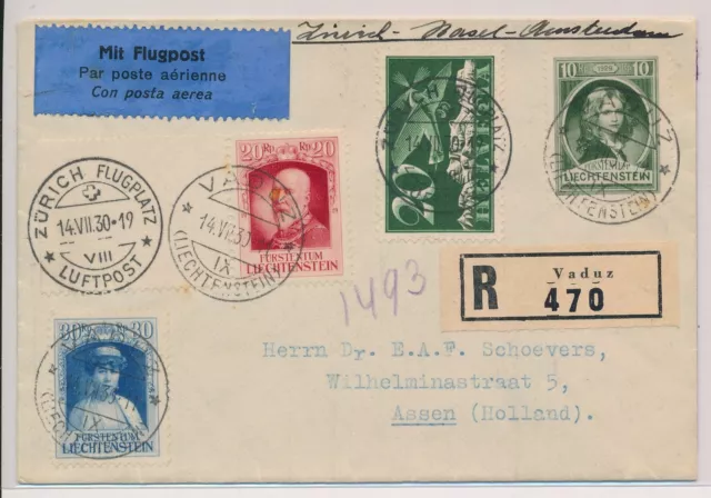 BV22401 Liechtenstein 1930 to Netherlands registered airmail cover used