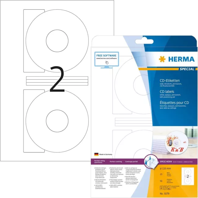 HERMA 5079 CD DVD Etiketten 50 Stück 2/A4 blickdicht selbstklebend NEU OVP