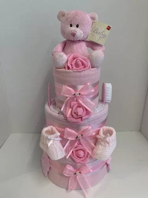 Pink 3 Tier Nappy Cake, Baby Shower Gift, Baby Hamper, Other Colours Available