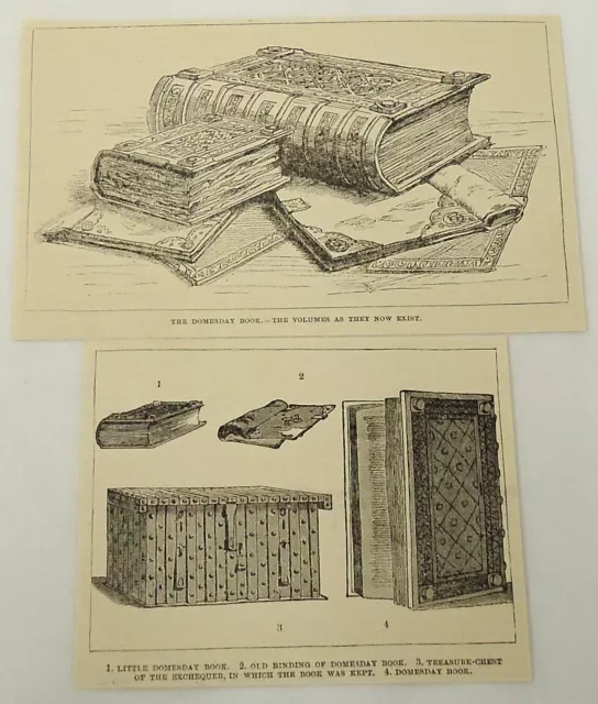 1887 two part magazine engraving ~ DOMESDAY BOOK ~ volumes as they now exist...