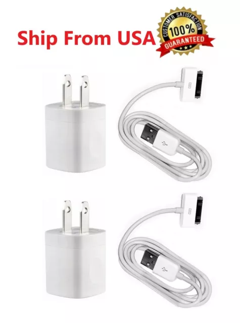 2x Home Wall AC Charger +30 pin Data Sync USB Cable Cord for iPhone 4 ipod Nano